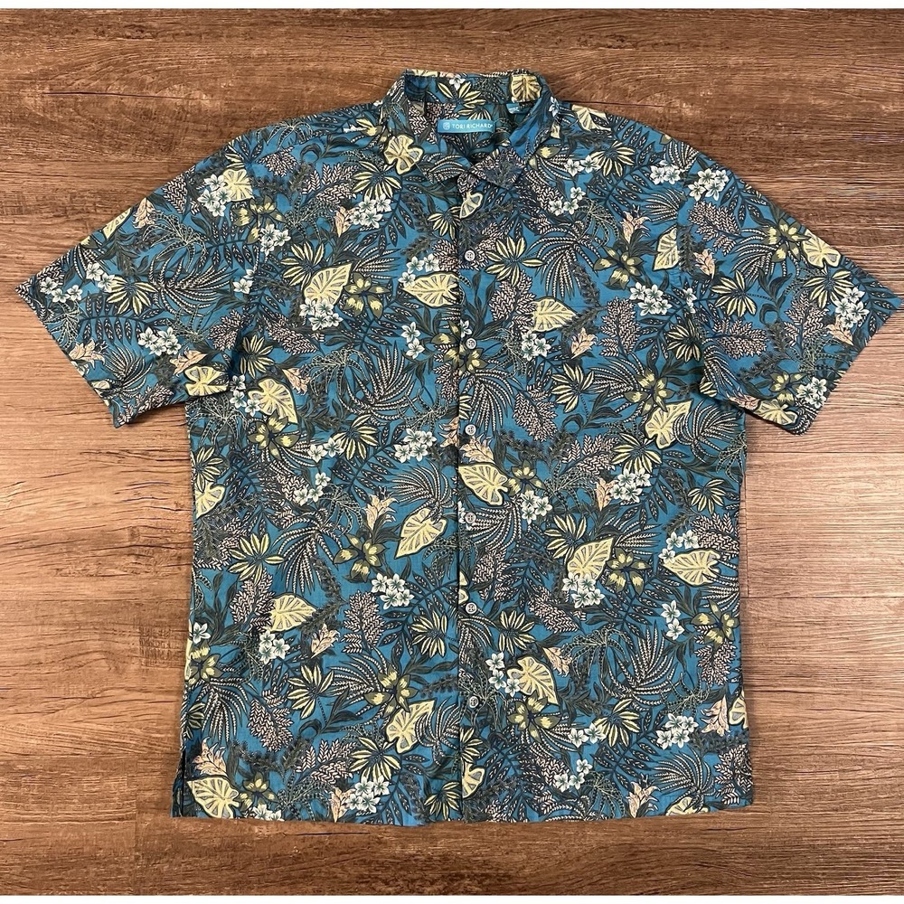 Tori Richard Teal Short-Sleeve Tropical Print‎ Button-Down Shirt Large B13